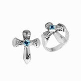 Sterling Silver beautiful ring with Blue Topaz Quartz handcrafted in Bali, Indonesia with cross-inspired design